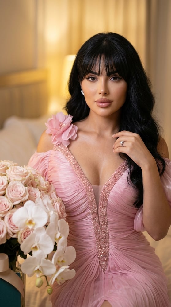 فستان سهرة وردي طويل على الأكتاف وتطريز عند الصدر