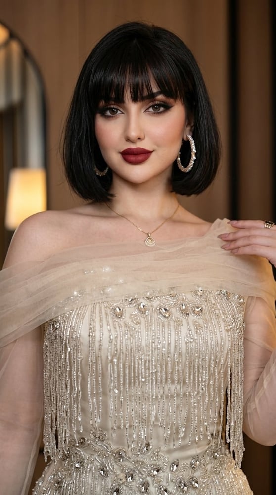فستان سهرة الأنيق ذو الشراشيب والتطريز الكريستالي اللامع