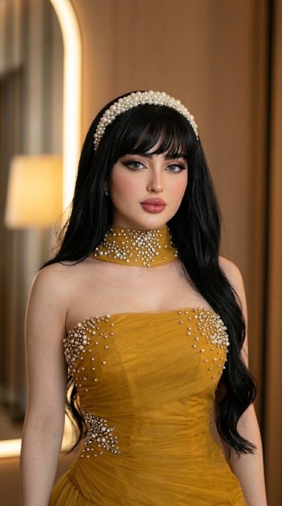 فستان سهرة طويل بلون كركمي