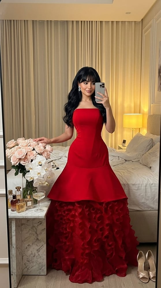 فستان سهرة أحمر كريب باربي بتصميم توب أنيق