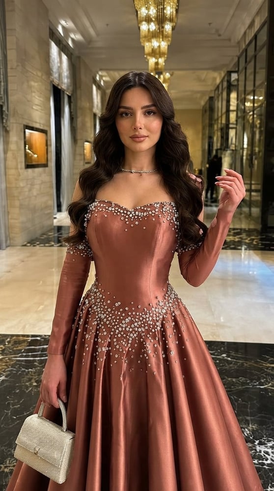 فستان سهرة أنيق باللون البني الشوكولاتي