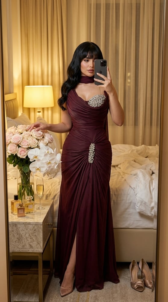 فستان سهرة عنابي درابيه أنيق