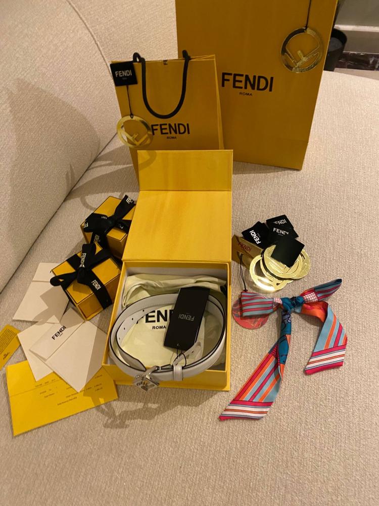 Fendi Baguette FF Leather Belt White Silver