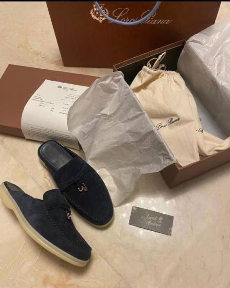 Loro Piana Navy Blue Suede Babouche Charms Walk Mules