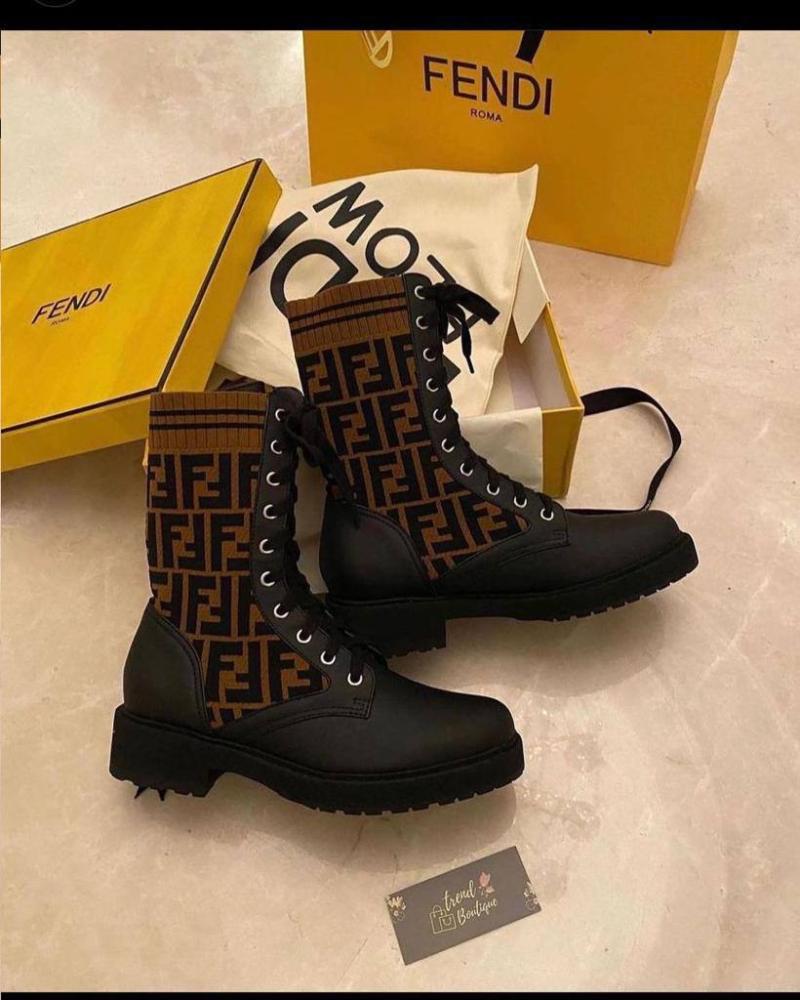 Fendi Black/Brown Fabric and Leather Rockoko Combat Boots