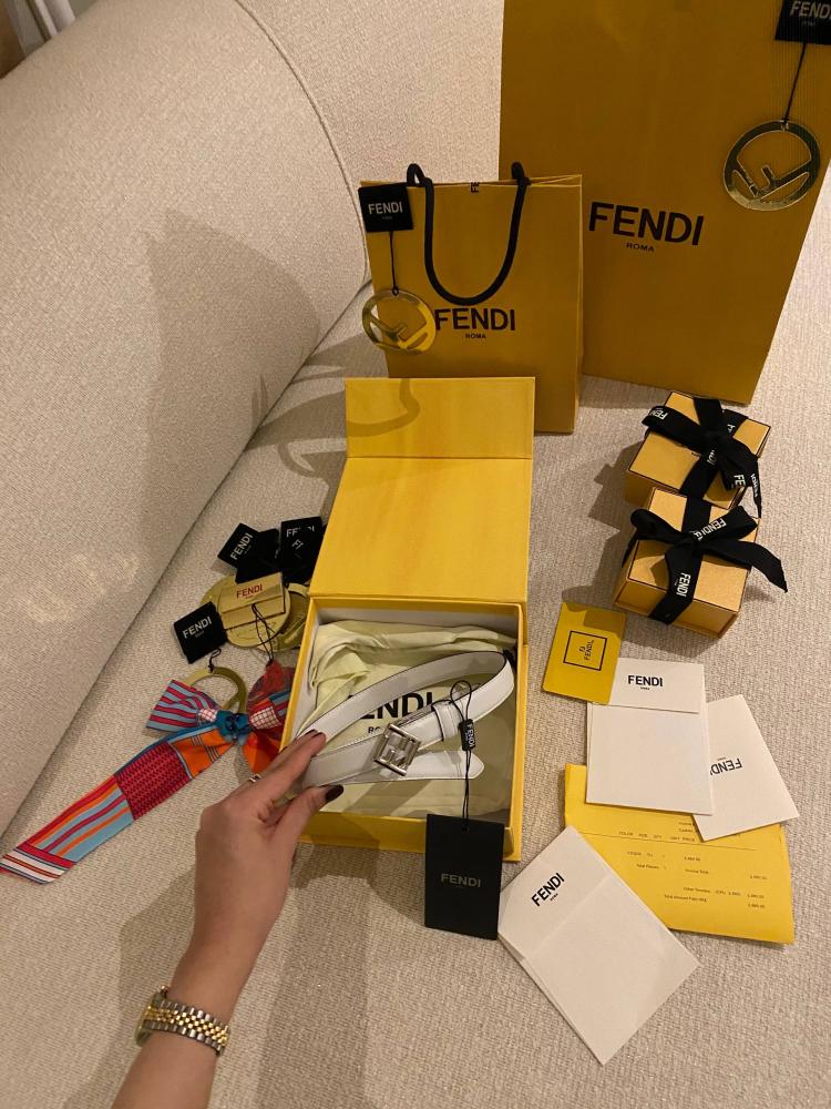 Fendi Baguette FF Leather Belt White Silver