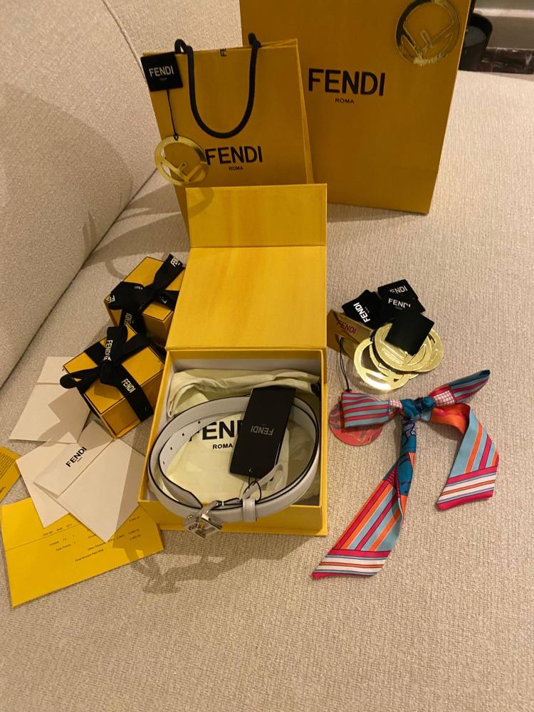 Fendi Baguette FF Leather Belt White Silver