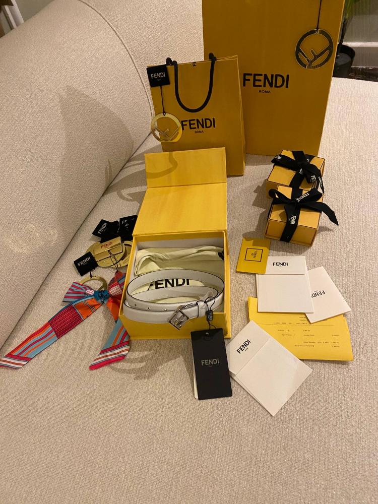 Fendi Baguette FF Leather Belt White Silver