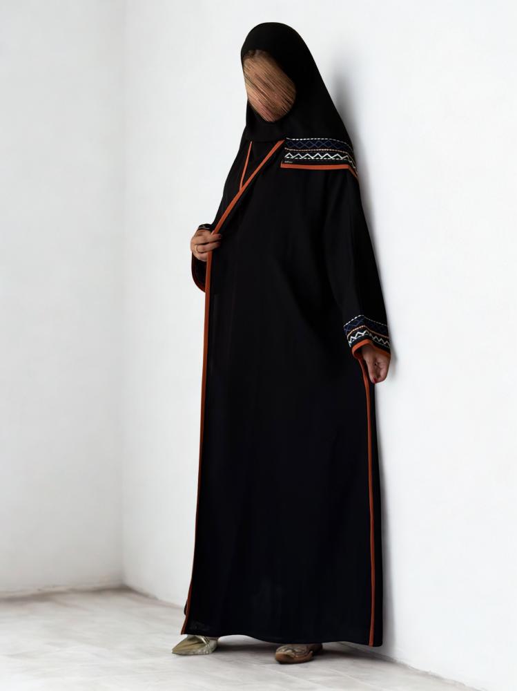عباية كريب انترنت بتطريز هندسي برتقالي – Desert Glow | سدفة