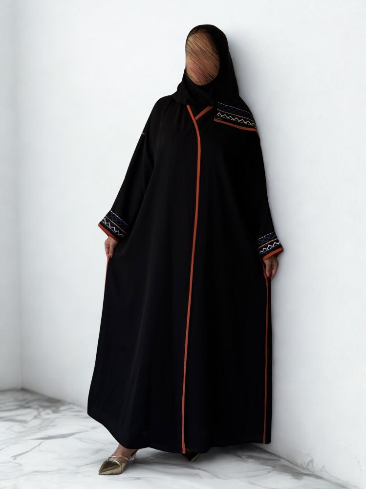 عباية كريب انترنت بتطريز هندسي برتقالي – Desert Glow | سدفة