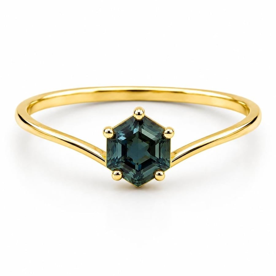 Natural Teal Sapphire Hex Ring in 18K Yellow Gold