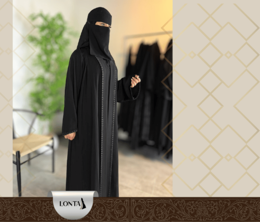 عباية سوداء كلوش واسعة من براند LONTA قماش كريب فاخر بتصميم عصري وأني