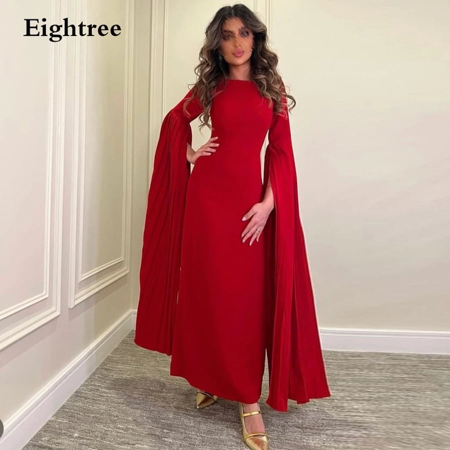 فساتين حفلة موسيقية حورية البحر حمراء من Eightree للنساء ، بسيطة ، الطيات المضيئة ، أكمام طويلة ، تمدد ، رقبة دائرية ، فساتين السهرة العربية ، فستان حفلة رسمي