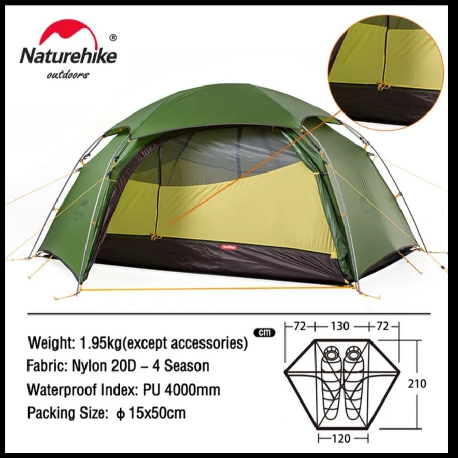 Naturehike سحابة الذروة 2 الناس خيمة خفيفة 2 أشخاص التخييم التنزه خيمة في الهواء الطلق 20D النايلون نسيج مقاوم للماء NH17K240-Y