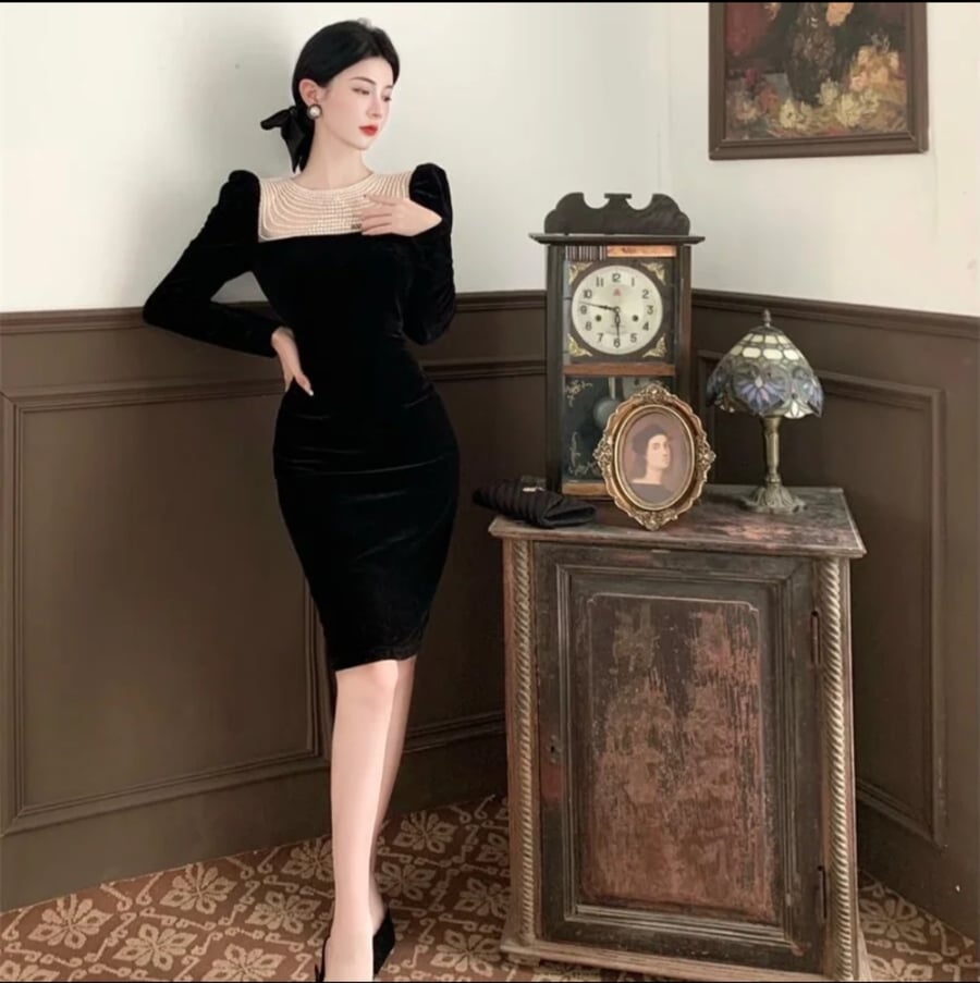 أسود أنيق مساء ميدي فستان المرأة Bodycon فرنسا خمر المخملية فستان حفلة السيدات الكورية فساتين أنيقة أنيقة الخريف 2022