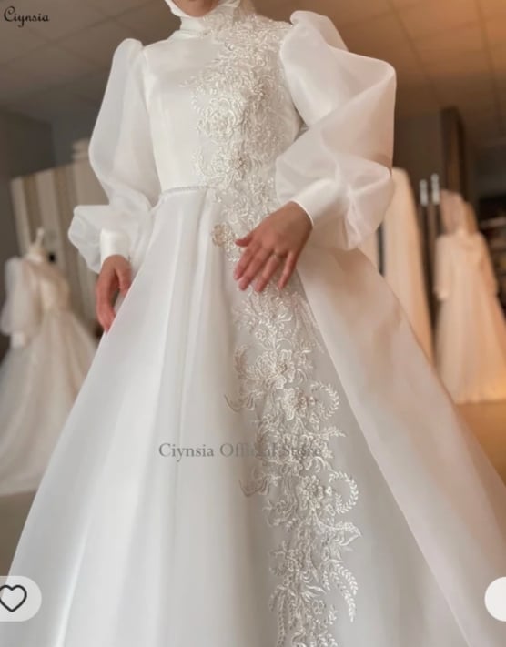 Ciynsia-A-Line حجاب فستان زفاف مسلم للعروس ، أكمام طويلة منتفخة ، رقبة عالية ، زهور دانتيل ، فساتين زفاف ، دبي ، العربية