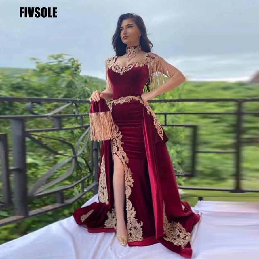 فستان سهرة من Fivsole من 4 قطع من المخمل قابل للإزالة تنورة عربية سبليت فساتين حفلات مزينة بالدانتيل شرابة رقبة عالية جزائرية