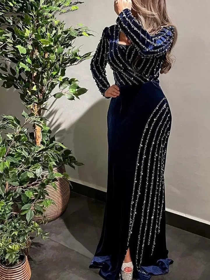 فساتين سهرة بحورية البحر بأكمام طويلة ، رقبة على شكل حرف V مثيرة ، خرز طويل ، مخمل ، مناسبة رسمية ، فساتين للحفلات الراقصة ، رائع