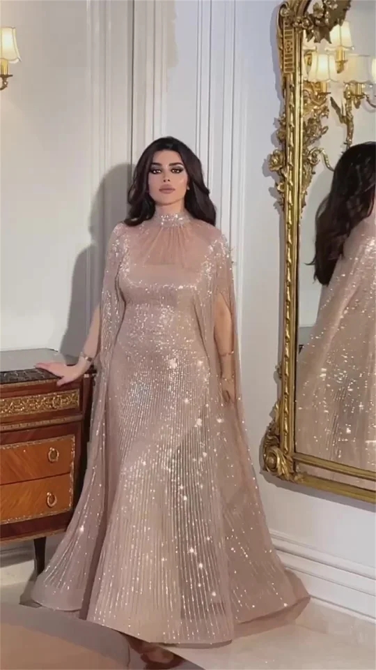 فساتين سهرة بياقة عالية متألقة ، فستان حفلة ، شيفون ترتر ، اكتساح وفرشاة ، مناسبة رسمية ، فستان حفلات
