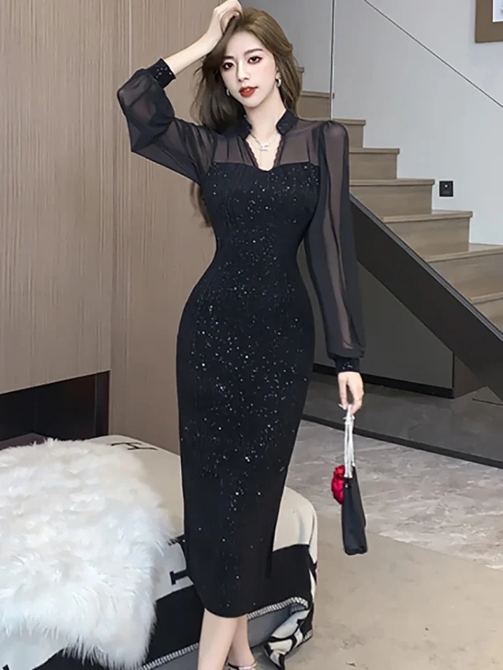فستان سهرة نسائي من هيبورن ، فستان ملاصق للجسم أنيق ، مرقع ، مخملي ، أسود ، ترتر ، كوري ، حفلة موسيقية ، خمر ، شتاء ، خريف ، توي