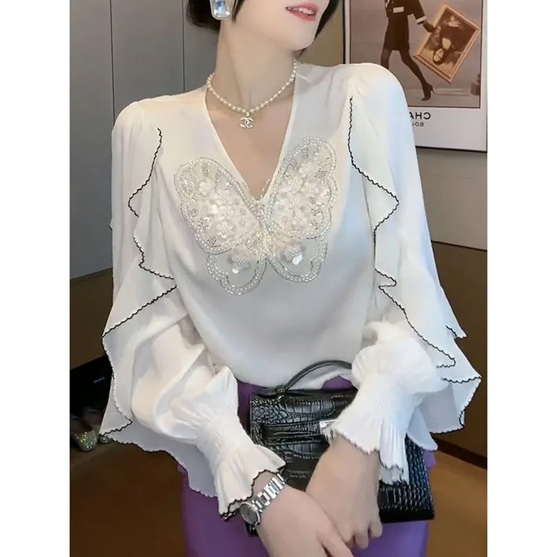 بلوزة أنيقة مكشكشة مطرزة بأكمام مضيئة ملابس نسائية 2023 لربيع وصيف جديد بلوزات غير رسمية كبيرة الحجم قميص حلو