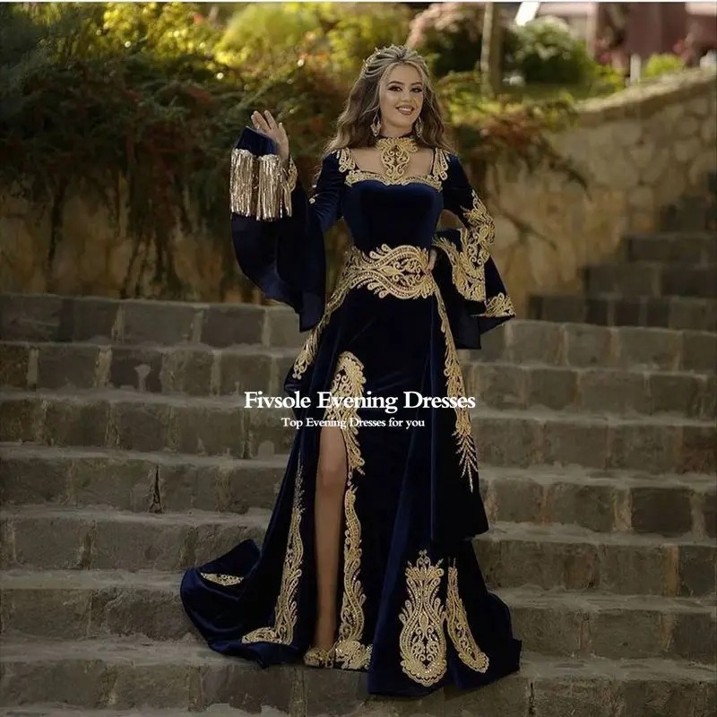 فستان سهرة قفطان مغربي من Fivsole من 3 قطع مزين بتنورة ذهبية دانتيل بأكمام طويلة وحورية البحر من المخمل للحفلات الراقصة