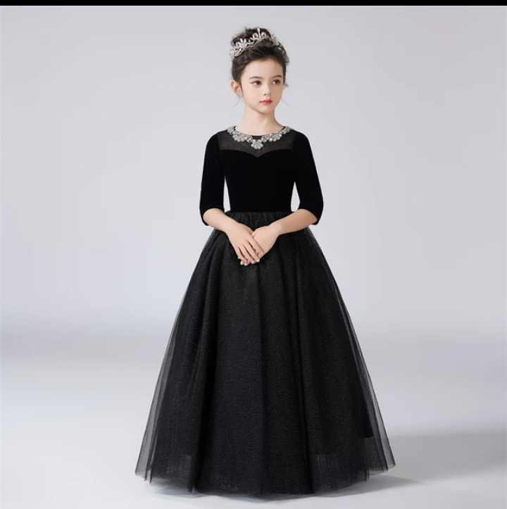 فستان برقبة دائرية للفتيات من dideydress ، تول لامع من حجر الراين ، فساتين فتيات بزهور ، نصف أكمام ، عيد ميلاد أطفال ، فساتين أميرة رسمية