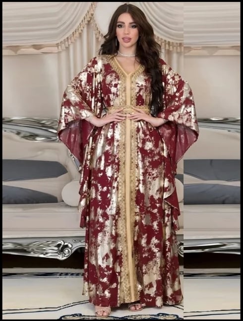 فستان عباية عصري من الشيفون الإسلامي باللون الذهبي من Siskakia للسيدات بشريط من الدانتيل مزخرف برقبة على شكل V وأكمام مكشكشة جلابية مغربية للعيد