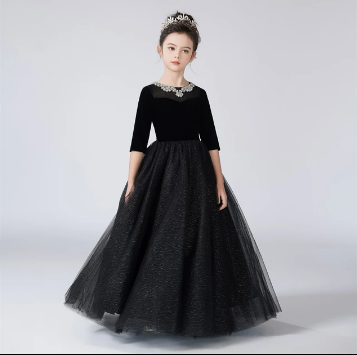 فستان برقبة دائرية للفتيات من dideydress ، تول لامع من حجر الراين ، فساتين فتيات بزهور ، نصف أكمام ، عيد ميلاد أطفال ، فساتين أميرة رسمية