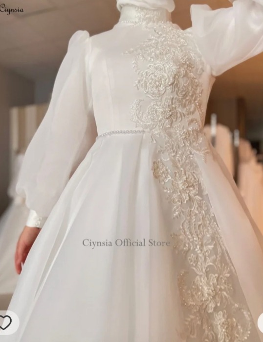 Ciynsia-A-Line حجاب فستان زفاف مسلم للعروس ، أكمام طويلة منتفخة ، رقبة عالية ، زهور دانتيل ، فساتين زفاف ، دبي ، العربية