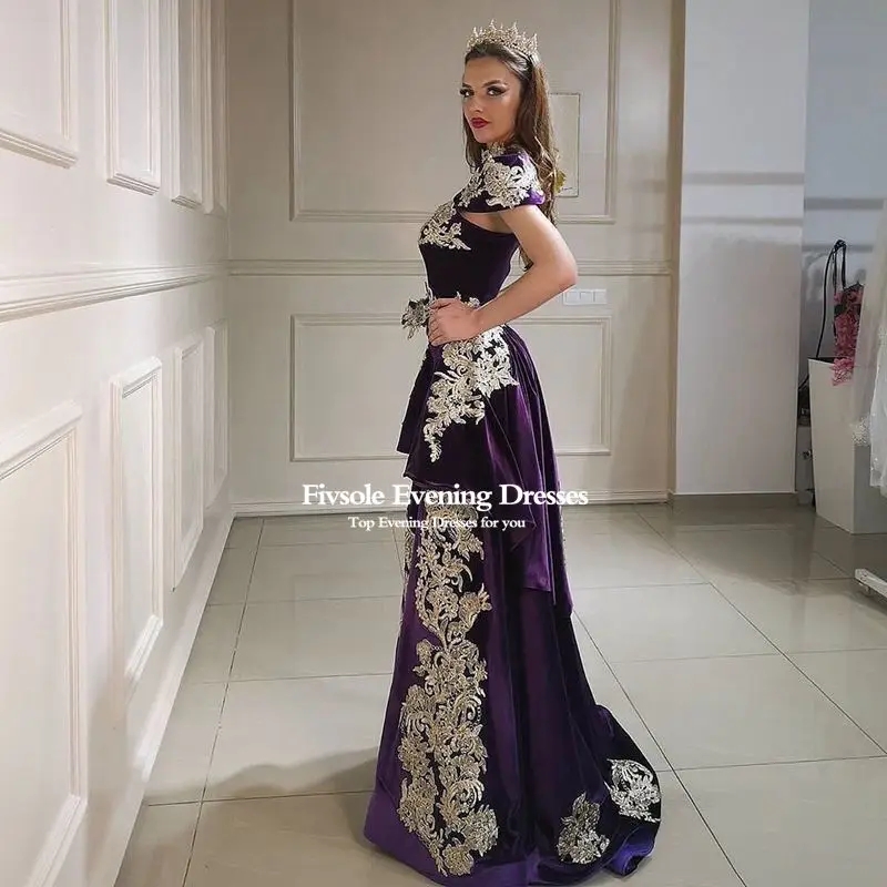 فستان سهرة من Fivsole من 4 قطع من المخمل قابل للإزالة تنورة عربية سبليت فساتين حفلات مزينة بالدانتيل شرابة رقبة عالية جزائرية