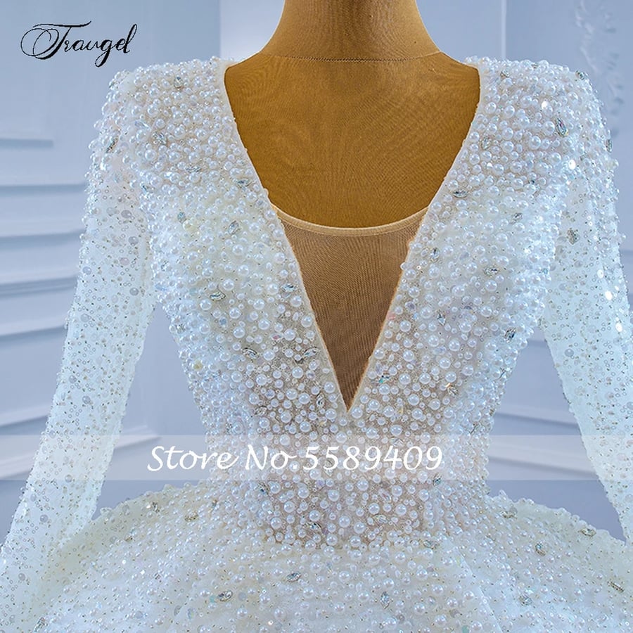 فساتين زفاف الأميرة من Traugel برقبة دائرية وأكمام طويلة من Vestido De Novia مطرز بالكريستال الساحر اللامع رداء De Mariee
