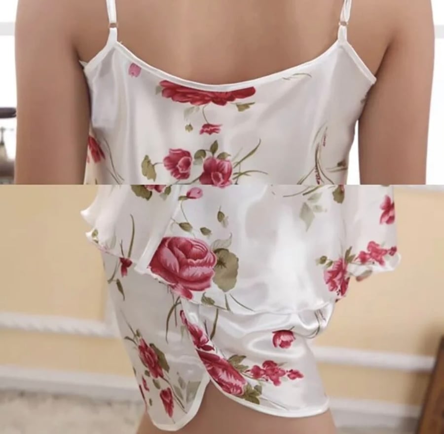 ملابس نوم نسائية مثيرة بشريط رفيع وسراويل قصيرة ، ملابس نوم بزهور وردية ، طقم بيجامة من الدانتيل الساتان ، ملابس داخلية لطيفة