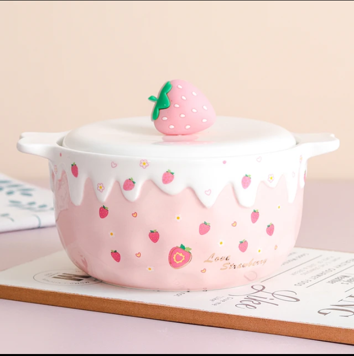 Kawaii الفراولة رامين السلطانية مع غطاء السيراميك لطيف كبير الفاكهة المعكرونة الفورية سلطة الحساء السلطانية المنزل المطبخ أدوات المائدة 700 مللي