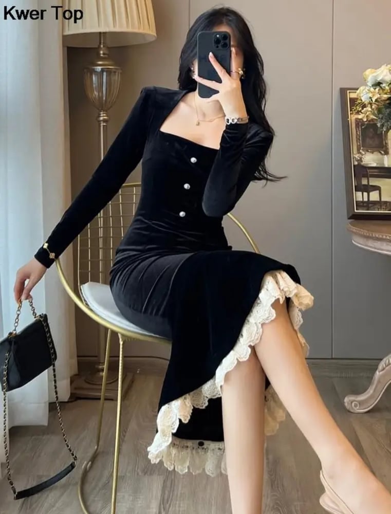 فستان مخمل Bodycon فستان حورية البحر أنيقة الدانتيل ا