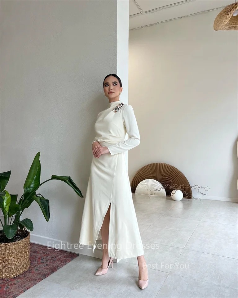 Eightree-فساتين سهرة أنيقة للنساء ، أبيض ، عربي سعودي ، أكمام طويلة ، خرز شق ، فساتين حفلة موسيقية ، رقبة عالية ، مناسبة رسمية ، فستان حفلات