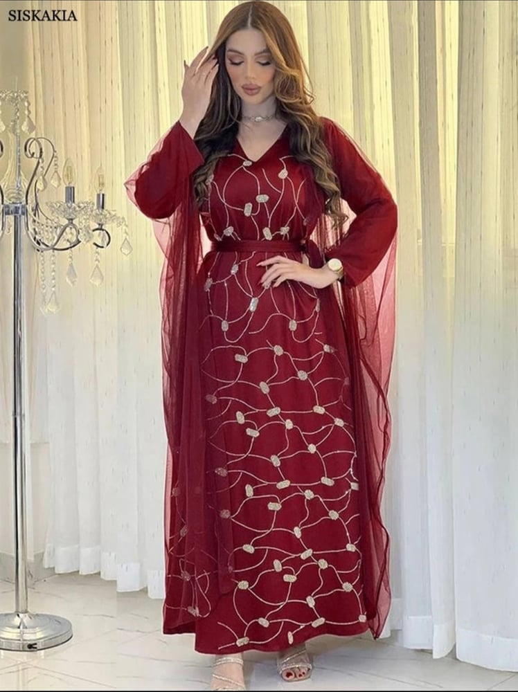 عباية نسائية شبكية برقبة على شكل حرف V للمسلمات ، بنمط عصري ، بوليستر ، وردي ، أخضر ، أزرق ، أحمر ، طويل ، صيفي ، ربيعي