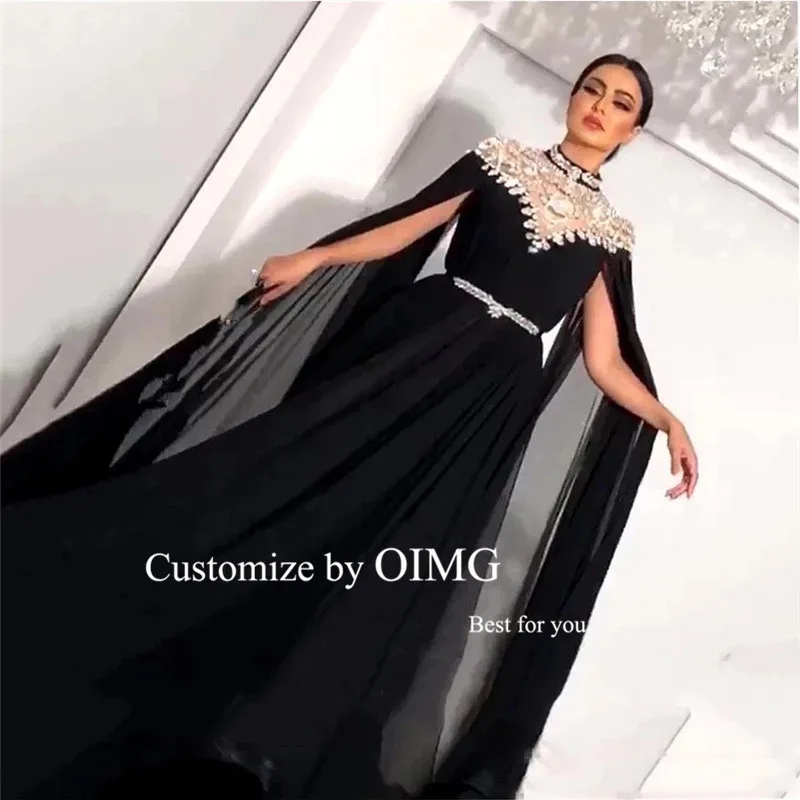 OIMG لامعة كريستال أسود الشيفون المرأة العربية المسلمة فساتين سهرة طويلة الرأس الأكمام عالية الرقبة وشاح فساتين حفلات رسمية