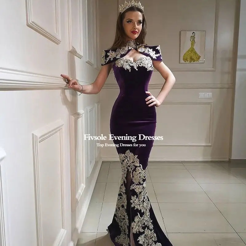 فستان سهرة من Fivsole من 4 قطع من المخمل قابل للإزالة تنورة عربية سبليت فساتين حفلات مزينة بالدانتيل شرابة رقبة عالية جزائرية