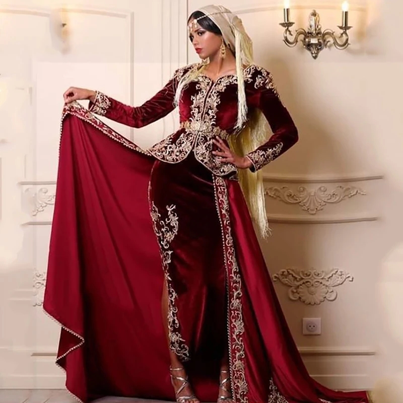 فستان سهرة حورية البحر التقليدي الجزائري ، أكمام طويلة ، ثوب حفلة موسيقية رسمي إسلامي ، زي مزين بالدانتيل ، فستان حفل