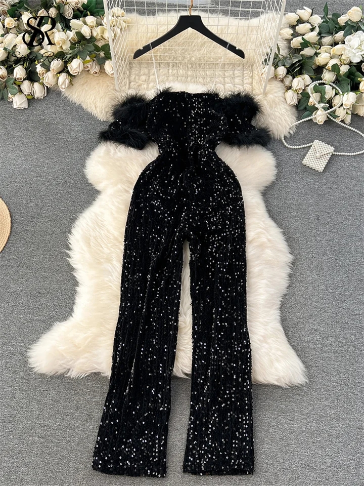 Singricy-جمبسوت سوداء أنيقة مع قصاصات الريشة ، ضيق طويل Playsuit ، عاري الكتفين ، الترتر ، موضة أوروبية ، مثير ، خريف ، 2023