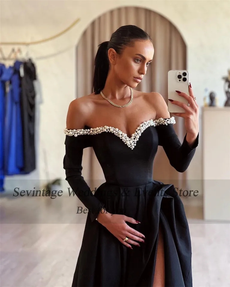 Sevintage-فساتين حفلة موسيقية أنيقة على شكل حرف a من الساتان ، بدون الكتف ، أكمام طويلة ، فساتين حفلات بطول الأرض ، أسود ، حفلة موسيقية