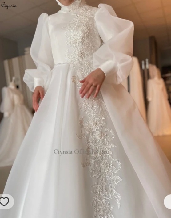 Ciynsia-A-Line حجاب فستان زفاف مسلم للعروس ، أكمام طويلة منتفخة ، رقبة عالية ، زهور دانتيل ، فساتين زفاف ، دبي ، العربية