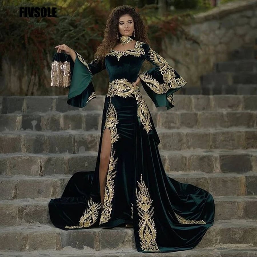 فستان سهرة عربي من Fivsole مع تنورة قابلة للانفصال أخضر زينة قفطان Marocain De Soirée بأكمام طويلة من المخمل للحفلات الراقصة رداء حفلات
