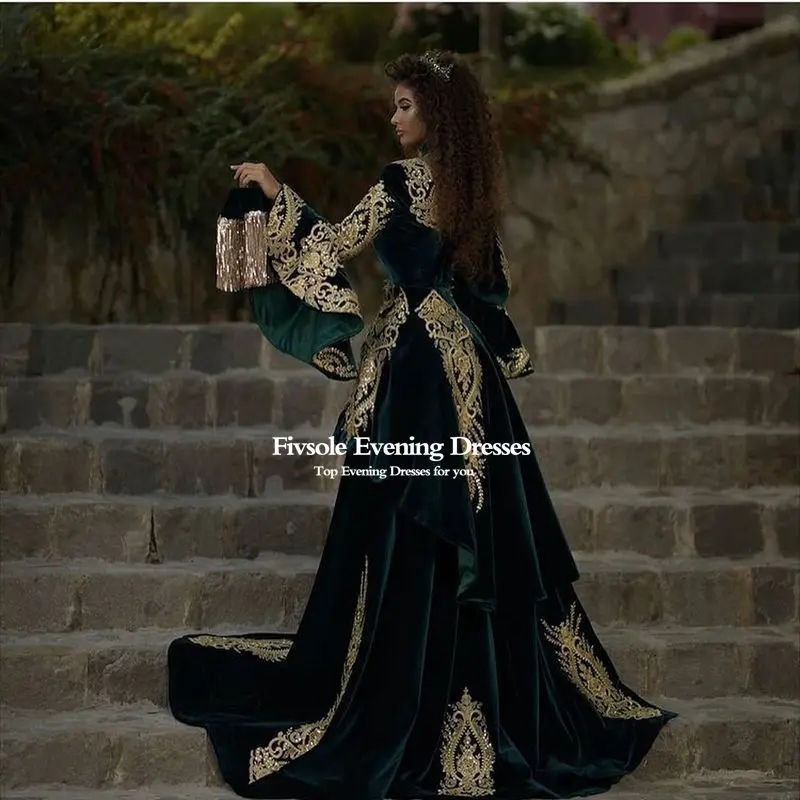 فستان سهرة عربي من Fivsole مع تنورة قابلة للانفصال أخضر زينة قفطان Marocain De Soirée بأكمام طويلة من المخمل للحفلات الراقصة رداء حفلات