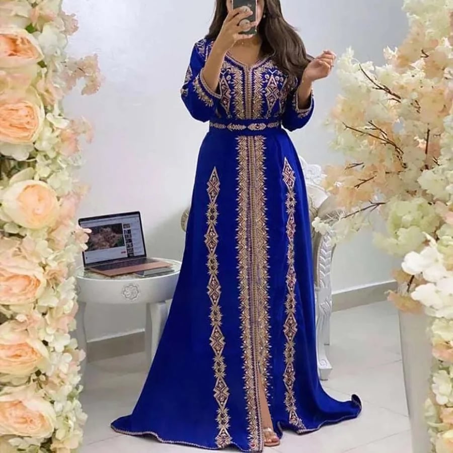 فساتين قفطان فاخرة الخرز المرأة دبي التطريز أنيقة طويلة الأكمام مسلم عباية الإسلام تركيا الجلابة المغربي فستان طويل