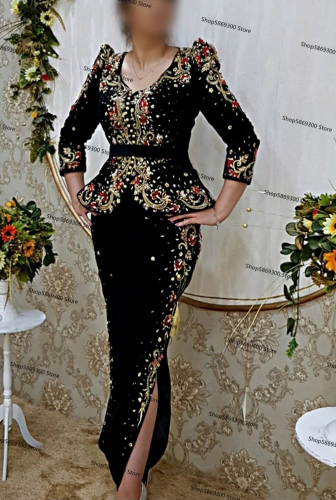 ملابس جزائرية فساتين سهرة Karakou مع بيبلوم Soirée de Mariage الذهب المطرزة الحجر الأحمر كم طويل فستان قفطان للحفلات الراقصة