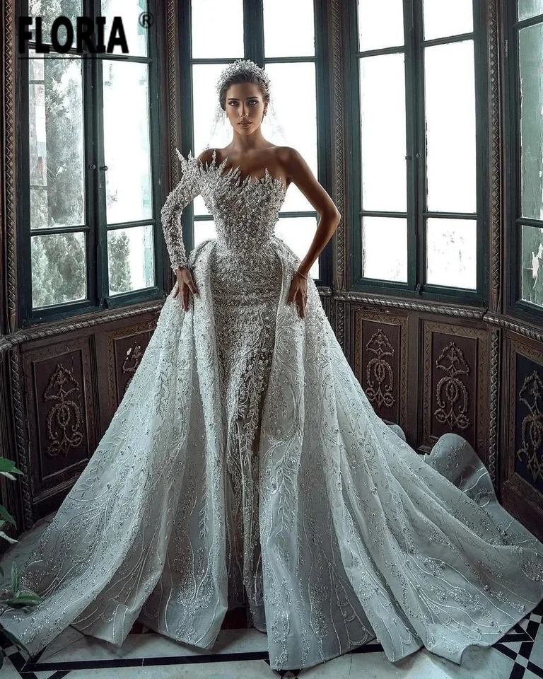 زفاف من Vestido De Novia لؤلؤي فاخر مع ذيل قابل للانفصال دبي العربية كم طويل مطرز دانتيل ثوب زفاف رداء ماري