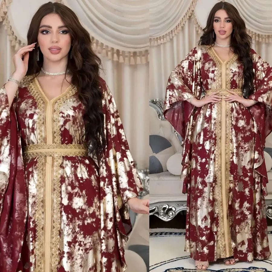 فستان نسائي بفتحة رقبة على شكل حرف V ، برباط شريط دانتيل ، فساتين إسلامية ، قفطان مغربي ، عباية ، طباعة دبي ، نسائي فاخر