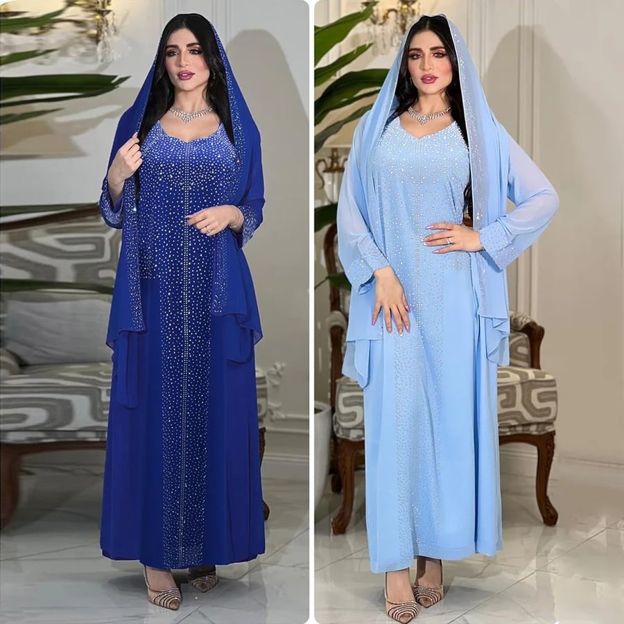 عباية بأكمام طويلة مع الماس ، فستان حفلة سهرة ، فستان ماكسي أنيق ، رقبة على شكل حرف v ، أزرق ووردي ، موضة